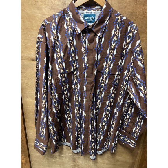 Wrangler Mens XXL Western Snap Shirt Brown Blue Aztec Geometric Pearl Snap Print - Picture 6 of 6